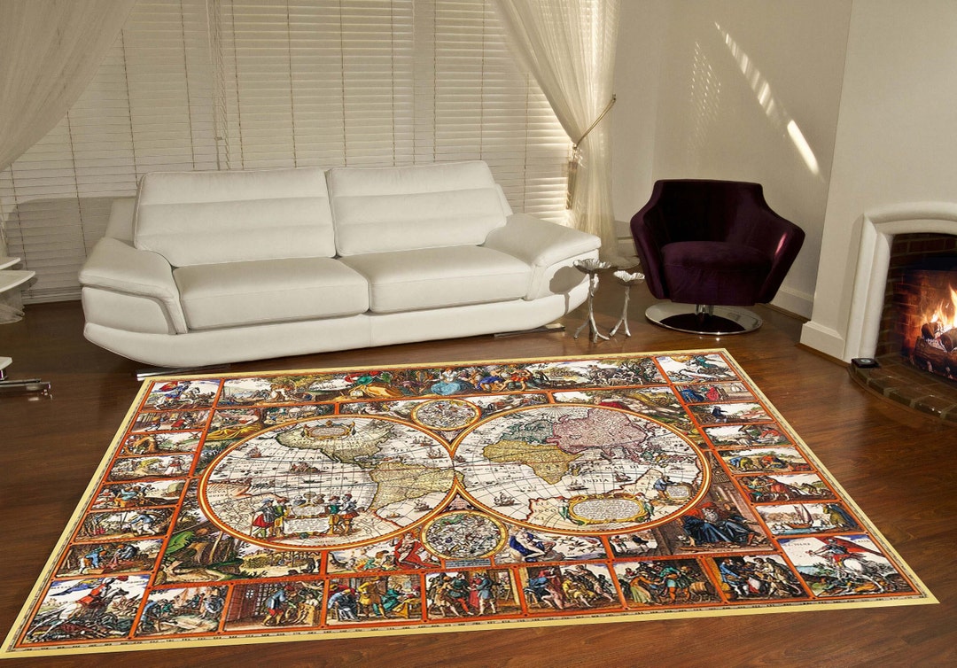 World Map Rug, History Themed Pattern, Brown Rug, Personalized Gift ...