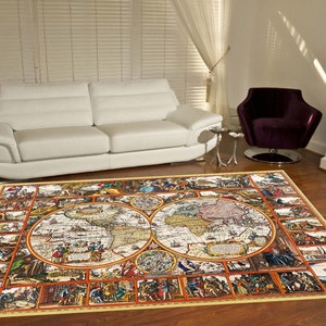 Wereldkaart tapijt, patroon met geschiedenisthema, bruin tapijt, gepersonaliseerd cadeau, kantoortapijt, woonkamertapijten, kamerdecor, Totius Orbis Terrarum-tapijt