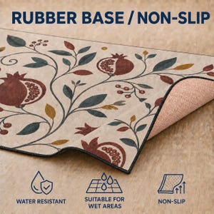 a rug with a floral pattern and text indicating its features.