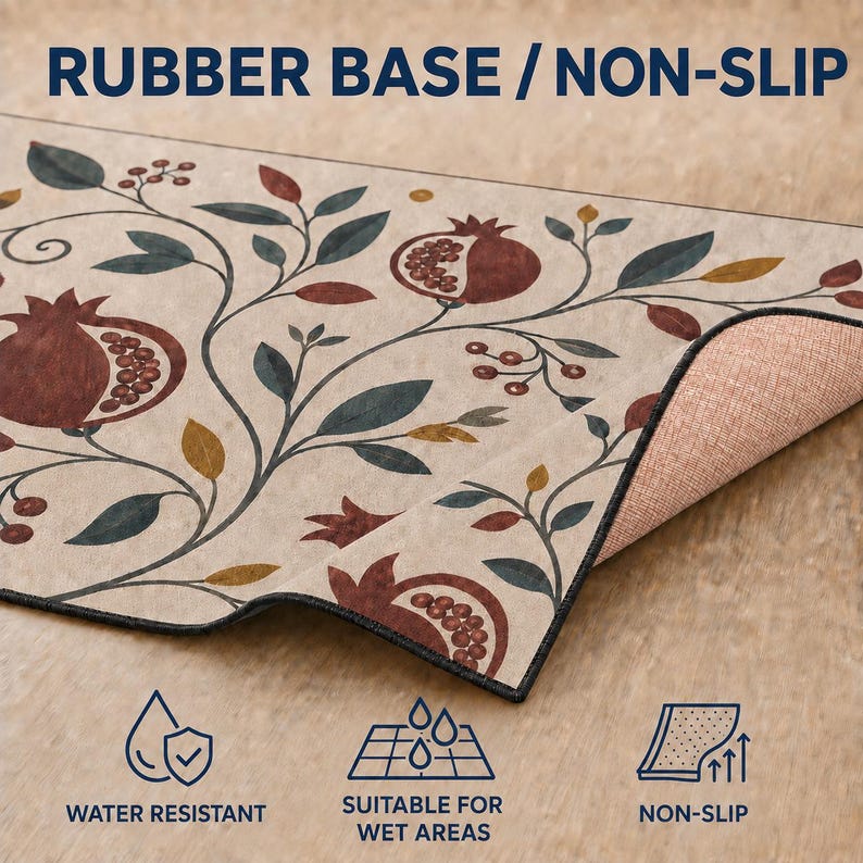 a rug with a floral pattern and text indicating its features.