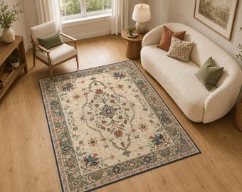 Antique Style Floral Area Rug, Distressed Botanical Floor Mat, Classic Cottage Decor, Traditional Living Room Accent, Elegant Home Gift