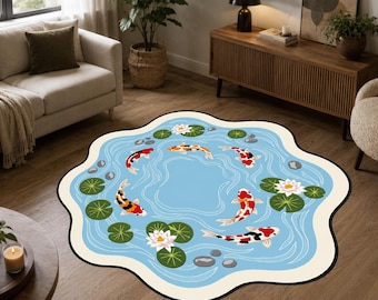 Koi Fish Pond Rug, Japanese Zen Area Carpet, Lotus Lily Pad Floor Mat, Irregular Water Garden Decor, Bathroom Accent, Living Room Gift