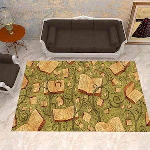 Book Theme Rug, Library Rug, Modern Rug, Gift For Him Her, Flowers Rug, Colorful Rug, Living Room Rugs, Floor Rug, Conpemtorary Rug, Decor image 1