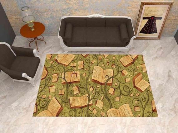 Book Theme Rug, Library Rug, Modern Rug, Gift For Him Her, Flowers Rug, Colorful Rug, Living Room Rugs, Floor Rug, Conpemtorary Rug, Decor