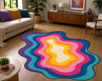 Colorful Abstract Area Rug, Irregular Wavy Carpet, Retro Funky Floor Mat, Dopamine Decor, Modern Living Room Accent, Vibrant Home Gift