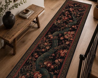 Black Japanese Rug, Sakura Blossom Hallway Rug, Oriental Floral Kitchen Runner, Asian Tree Carpet, Dark Entryway Decor