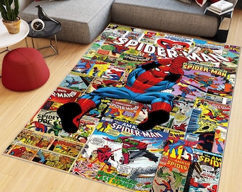 May include: A rectangular area rug featuring a collage of vintage Spider-Man comic book covers. The design includes various panels with colorful illustrations of Spider-Man in action, alongside the bold white text Spider-Man at the top.