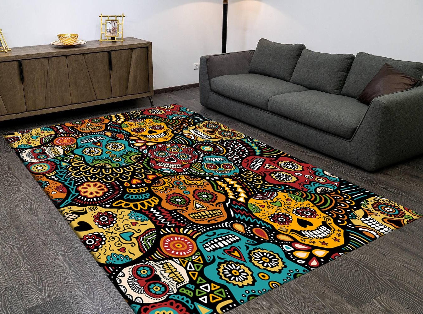 Discover Skull Rug, Sugar Skull Rug, Modern Rug, Gift For Him Her, Flowers Rug, Colorful Rug, Living Room Rugs, Floor Rug, Conpemtorary Rug, Decor