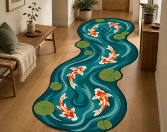 Koi Fish Area Rug, Lotus Pond Floor Covering, Irregular Water Garden Decor, Japanese Zen Accent, Nature Inspired Home Gift, Runner Rug