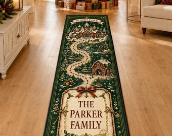 Personalized Christmas Runner Rug, Custom Family Name Gift Path for Hallway or Entryway
