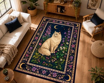 Cat Area Rug, Moonlit Floral Carpet, Persian Style Kitty Rug, Botanical Living Room Decor, Cottagecore Home Accent, Cat Lover Gift