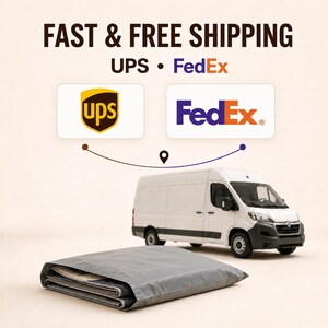 a white van and a gray package, with the text "Fast & Free Shipping" and "UPS" and "FedEx" logos above them.