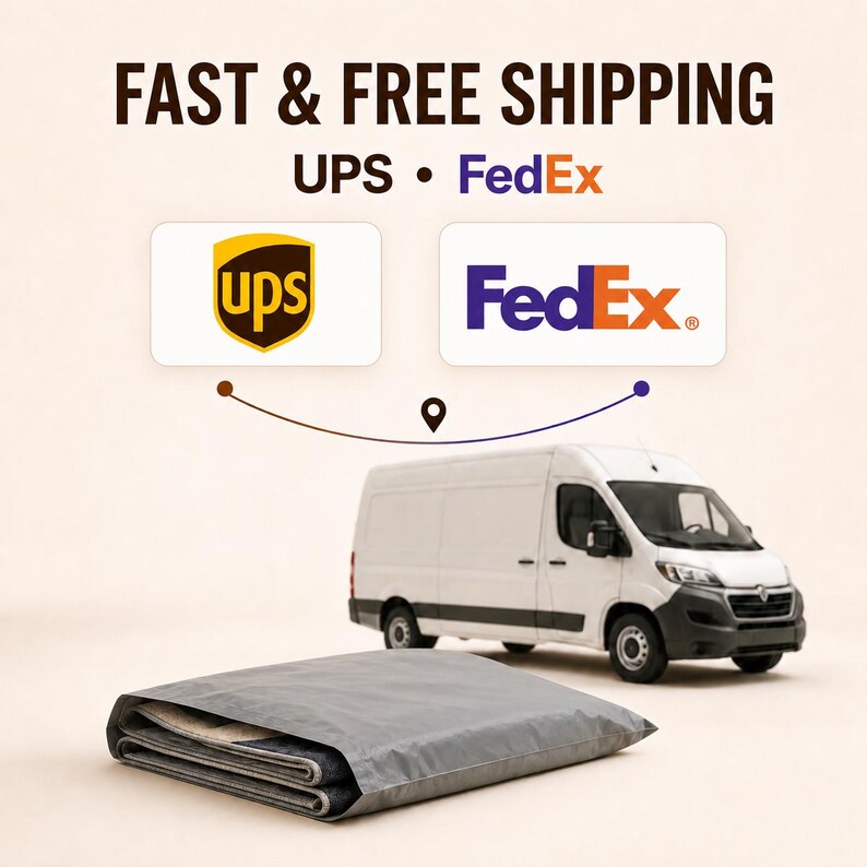 a white van and a gray package, with the text "Fast & Free Shipping" and "UPS" and "FedEx" logos above them.