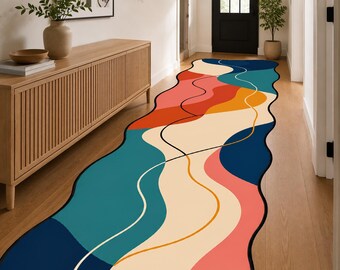 Abstract Irregular Runner Rug, Colorful Wavy Hallway Carpet, Modern Boho Floor Mat, Artistic Living Room Decor, Contemporary Entryway Accent
