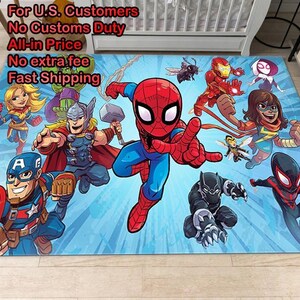 May include: A rectangular area rug featuring a vibrant blue background with a graphic illustration of various comic book superheroes including Spider-Man, Captain America, Thor, Iron Man, Black Panther, and others in a dynamic action pose.