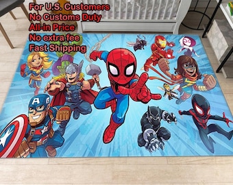 May include: A rectangular area rug featuring a vibrant blue background with a graphic illustration of various comic book superheroes including Spider-Man, Captain America, Thor, Iron Man, Black Panther, and others in a dynamic action pose.
