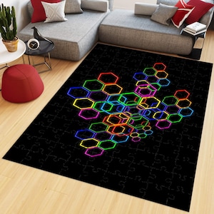 Shapes Pattern Rug, Gamer Rug, Gaming Room Rug, Neon Look Rug,Jigsaw Rug, Colorful Rug,Neon Rug, Gift For Gamers, Gift For Him Her, Area Rug
