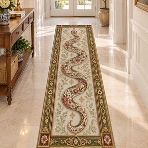 Puede incluir: Una alfombra de pasillo rectangular larga que presenta un campo central de color crema con un gran motivo de serpiente sinuosa decorado con intrincados patrones florales en tonos rosa, rojo y verde, enmarcado por un borde decorativo con detalles dorados y verdes.