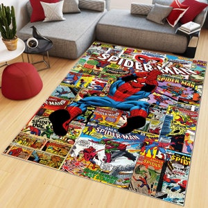 スパイダーマンラグ、スパイダーマンラグ、子供部屋の装飾、お子様へのギフト、雑誌の表紙のカーペット、誕生日プレゼント、ゲームマット、スーパーヒーローラグ、フロアラグ