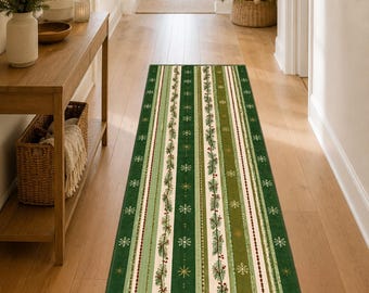 Christmas Hallway Runner, Green Holiday Rug, Snowflake Pine Design, Festive Entryway Decor