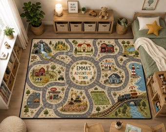 Personalized Kids Play Mat, Custom Name Road Map Floor Mat, Adventure Town Nursery Decor, Vehicle Playroom Gift, Toddler Activity Mat,