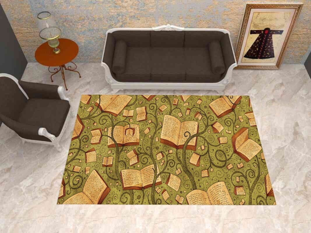 Book Theme Rug, Library Rug, Modern Rug, Gift for Him Her, Flowers Rug ...