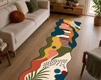 Abstract Irregular Runner Rug, Colorful Wavy Hallway Carpet, Modern Boho Floor Mat, Artistic Living Room Decor, Contemporary Entryway Accent