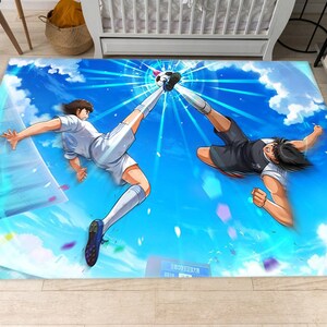 May include: Two animated soccer players in mid-air, one wearing a white jersey and the other a black jersey, with a blue sky and white clouds in the background. The players are kicking a soccer ball, and there are confetti and light streaks around them.