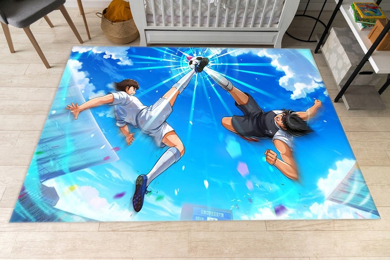 May include: Two animated soccer players in mid-air, one wearing a white jersey and the other a black jersey, with a blue sky and white clouds in the background. The players are kicking a soccer ball, and there are confetti and light streaks around them.