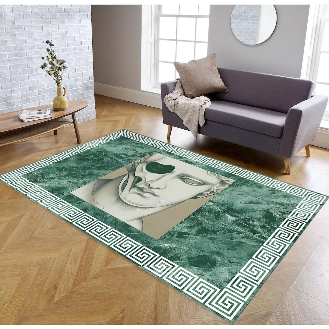 Greek Motifs Decor, Sculpture Pattern Rug, Ancient Theme Rug, Green Rug ...