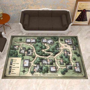 May include: A rectangular area rug featuring a detailed fantasy map titled Ruins of Thundertree. The map displays a grid-based layout of a ruined settlement with numbered locations, winding paths, green trees, and a legend defining symbols for walls and doors.