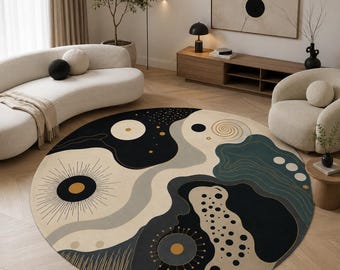 Abstract Round Area Rug, Modern Minimalist Carpet, Japanese Zen Floor Mat, Black Beige Living Room Decor, Contemporary Circle Rug