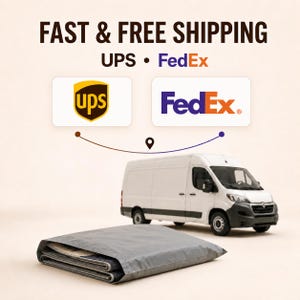 a white van and a gray package, with the text "Fast & Free Shipping" and "UPS" and "FedEx" logos above them.