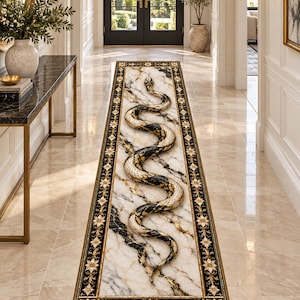 Emerald Marble Snake Runner Rug, Black Gold Serpent Hallway Rug, Art Deco Entryway Carpet, Luxury Gothic Floor Decor