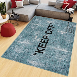 Keep Off Turquoise Rug, Modern Floor Rug, Old Motifs Design image 1