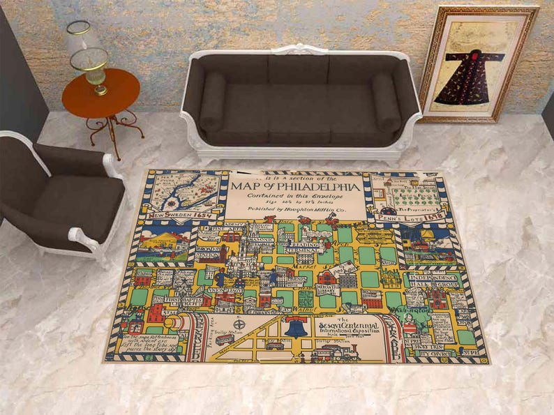 City Rug, Map of Philadelphia Rug, Town of Philadelphia Rug, School Rug, Modern Rug, Home Decor, Area Floor Rug, For Living Room, Cool Rug image 1