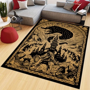 May include: Black and gold rug with a medieval fantasy design. A knight with a sword and shield stands in front of a castle with a dragon flying overhead. The rug has a black border with a geometric pattern.