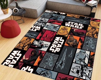 May include: A rectangular area rug featuring a multi-panel comic book style collage of Star Wars characters, vehicles, and the Star Wars logo in black, white, orange, and red. The design includes illustrations of BB-8, Chewbacca, and stormtroopers.