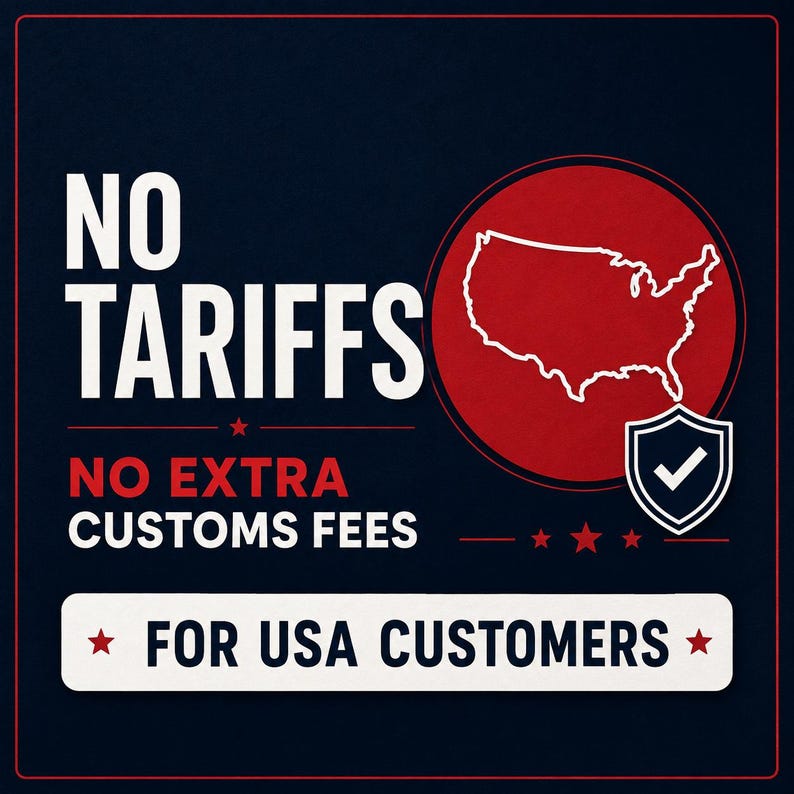 The image is a graphic design with a bold statement "NO TAIRFS" in white text, accompanied by a red outline of the United States. Below the main text, there is a shield with a checkmark, indicating a positive outcome or agreement. The phrase "NO EXTRA CUSTOMS FEES" is written in white, and the phrase "FOR USA CUSTOMERS" is written in red. The image is a single, cohesive design with a clear message and minimal redundancy.
