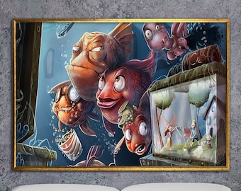 interesting fish, surreal fish art, canvas wall art, surreal art print, surreal painting, wall art canvas design, framed ready to hang