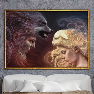wolf and lamb print, lycanthrop and woman painting, canvas painting design, wall art canvas design, framed ready to hang