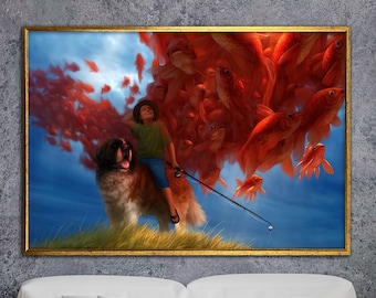 boy with dog canvas, surreal fish art, canvas wall art, surreal art print, surreal painting, wall art canvas design, framed ready to hang