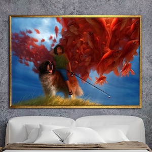 boy with dog canvas, surreal fish art, canvas wall art, surreal art print, surreal painting, wall art canvas design, framed ready to hang