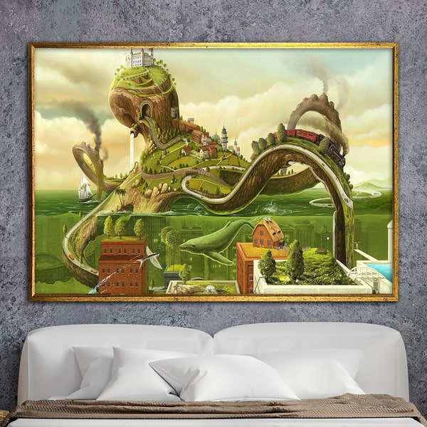 underwater world, surreal octopus art, canvas wall art, surreal art print, surreal painting, wall art canvas design, framed ready to hang