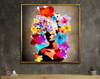 zwarte vrouw hoofd bloemen kunst aan de muur, meisje bloemen poster, bloem vrouw poster, zwarte kunst, zwart meisje print, bloem vrouw schilderen, ingelijst canvas