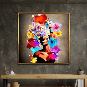black woman head flowers wall art, girl flowers poster, flower woman poster, black art, black girl print,flower woman painting,framed canvas