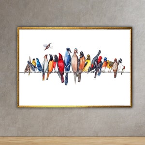 arte de pared de aves, impresión de aves, jardín de aves, pájaros coloridos, impresión de lienzo animal, cartel de pájaro, diseño de lienzo de arte de pared, enmarcado listo para colgar