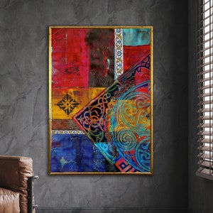 colorful vintage canvas wall art, large pattern canvas art, vintage posters, matching wall art canvas design, framed canvas ready to hang