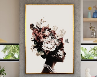 May include: A digital art print featuring a woman with a floral crown made of pink, white, and green flowers. The woman's face is partially obscured by the flowers, and she is looking to the side. The background is white.