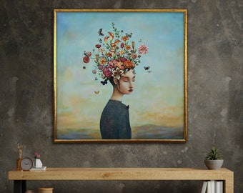 woman with flower head canvas painting, roses and woman print, flower woman poster, vintage art, wall art canvas design, framed canvas